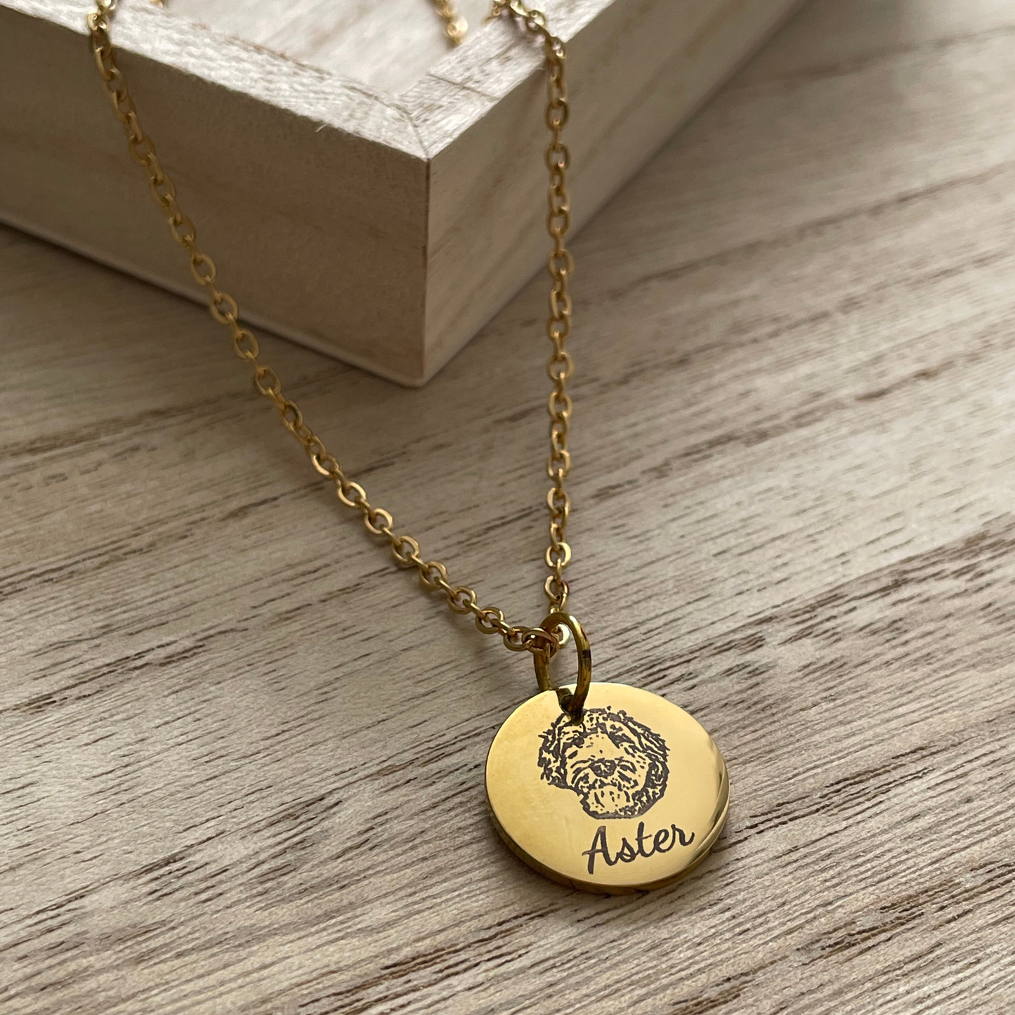 Gold Pet Portrait & Name Necklace – Custom Engraved Pet Memorial Jewelry