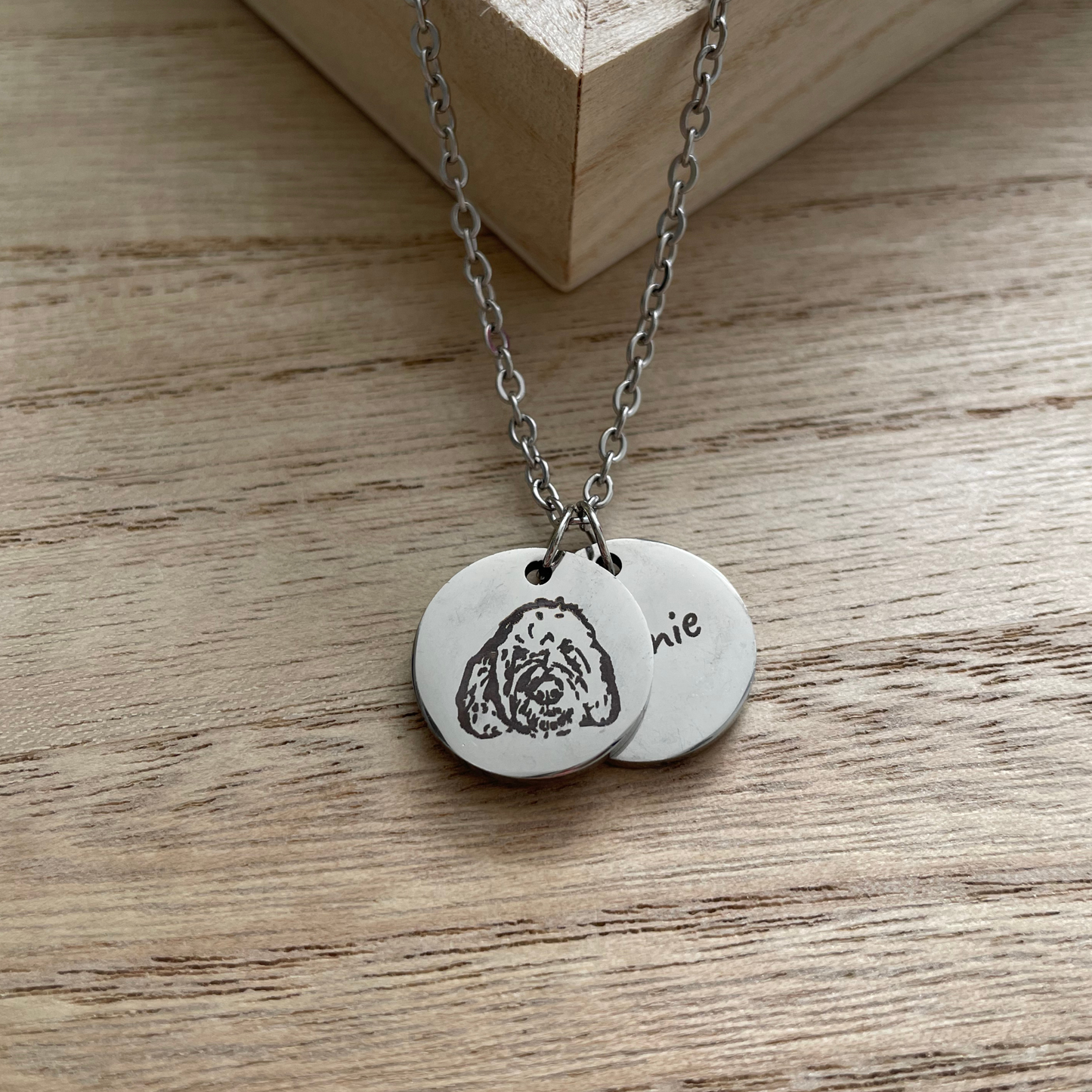 Pet Memorial Double Disc Necklace – Engraved Pet Portrait + Name Pendant