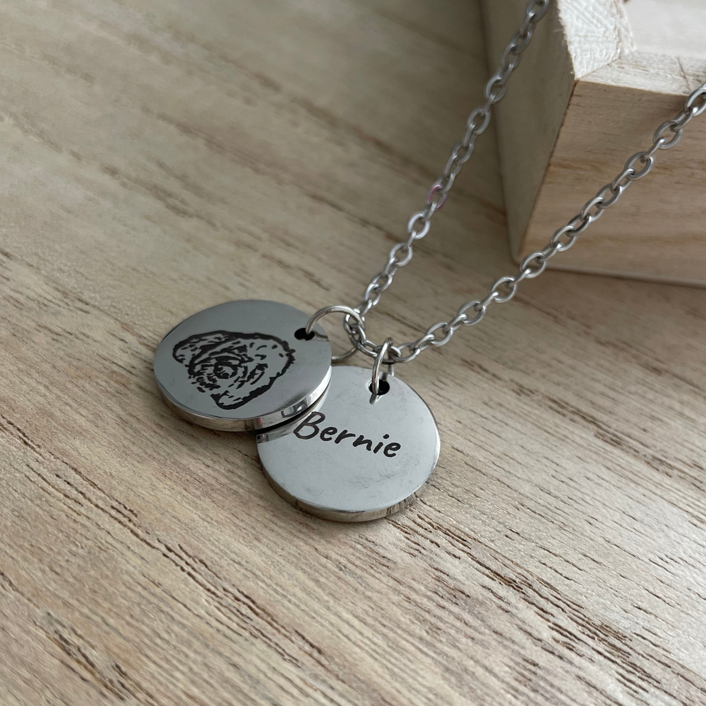 Pet Memorial Double Disc Necklace – Engraved Pet Portrait + Name Pendant