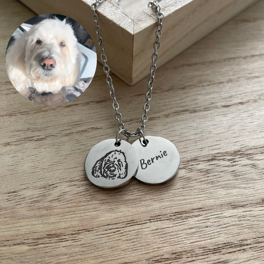 Pet Memorial Double Disc Necklace – Engraved Pet Portrait + Name Pendant
