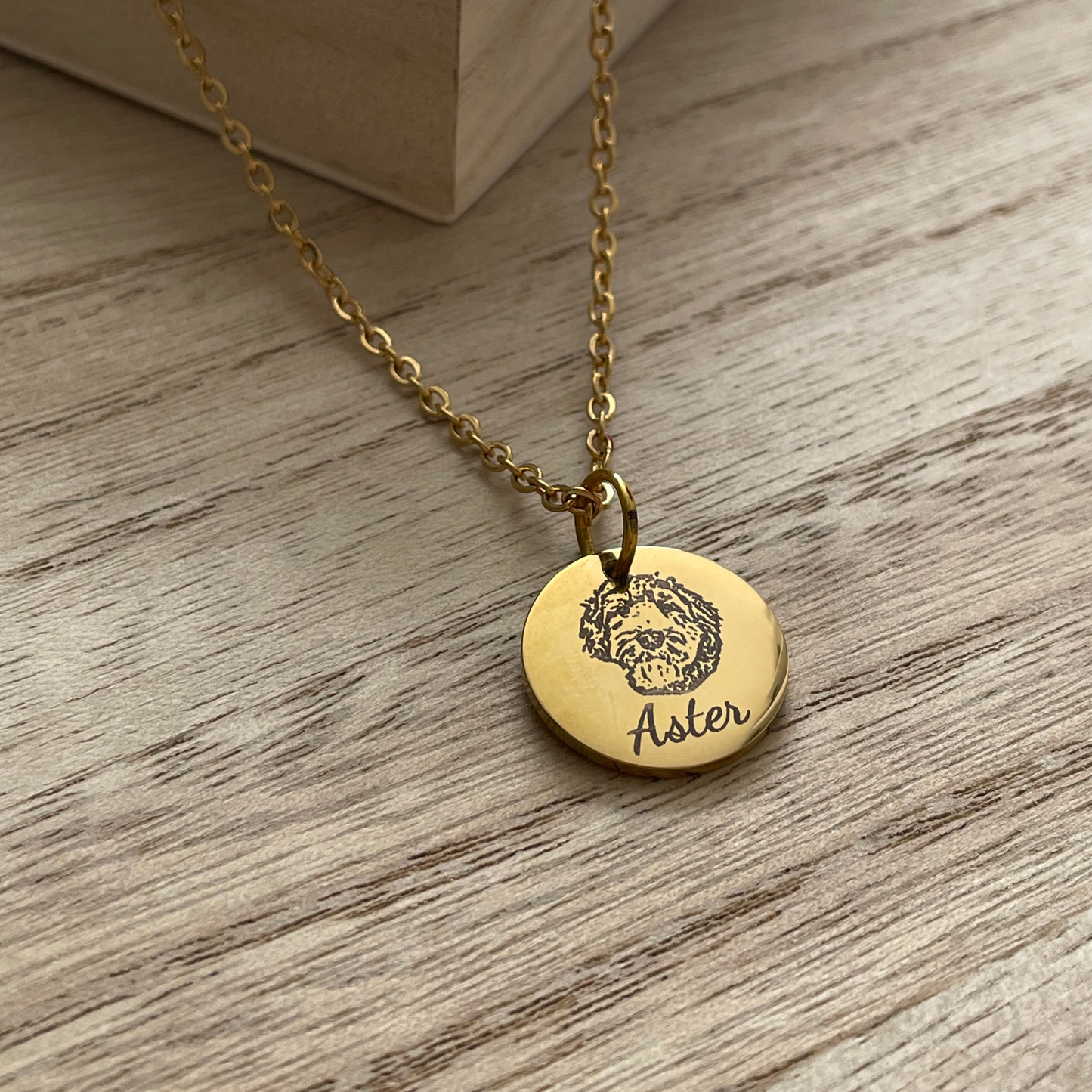 Gold Pet Portrait & Name Necklace – Custom Engraved Pet Memorial Jewelry