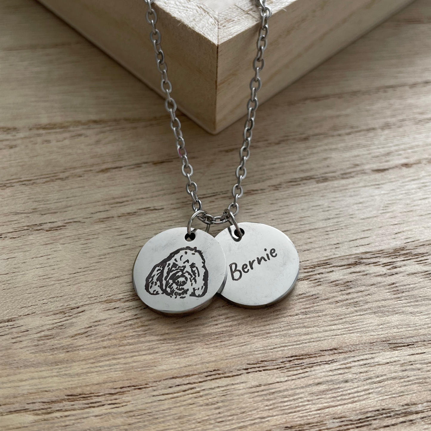 Pet Memorial Double Disc Necklace – Engraved Pet Portrait + Name Pendant