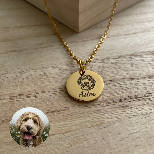 Gold Pet Portrait & Name Necklace – Custom Engraved Pet Memorial Jewelry